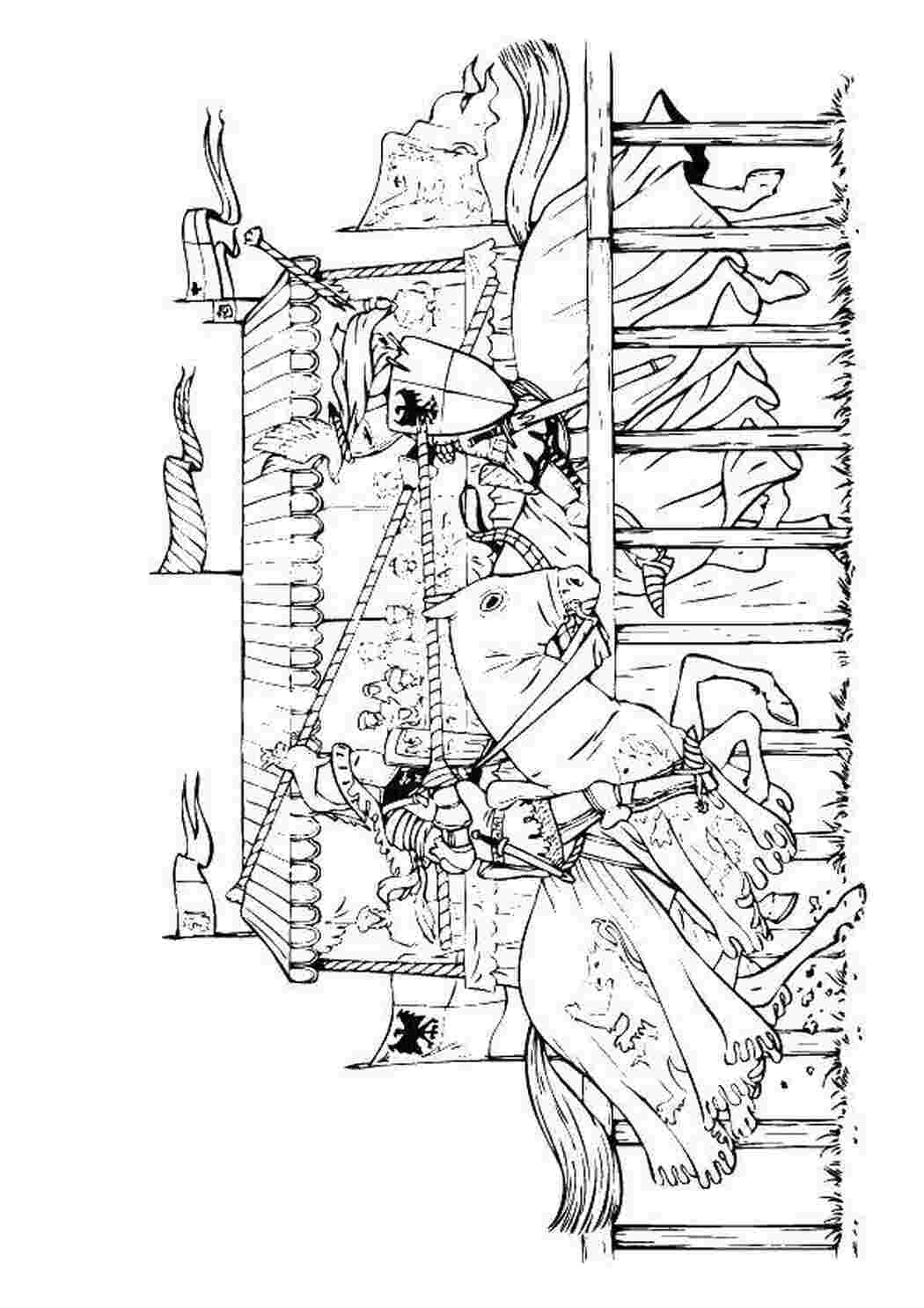 Раскраски Рыцари на лошадях Рыцари лошади, рыцари, шпаги, щиты