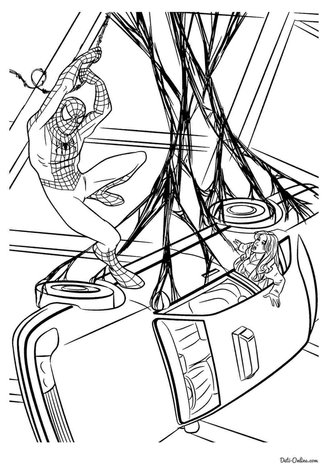 Раскраски картинки на рабочий стол онлайн Человек паук спасает людей в машине Распечатать раскраски для мальчиков