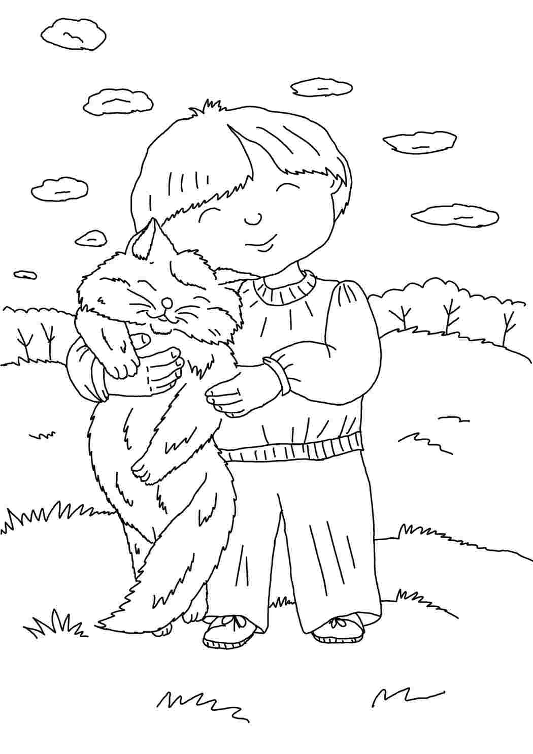Раскраски Мальчик обнимает кошку дети Мальчик, кошка