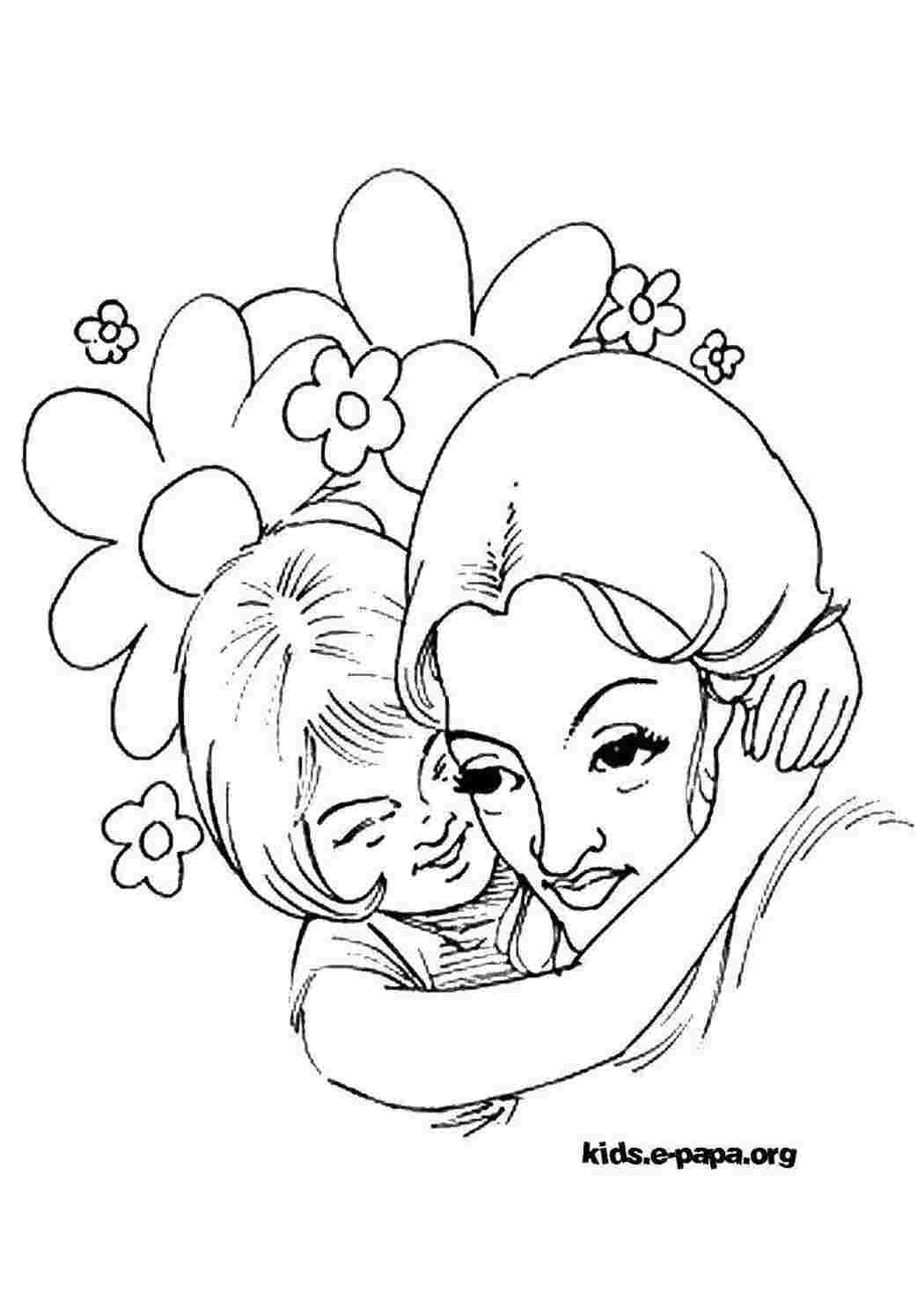 Раскраска мама день. счастливые мама и дочка