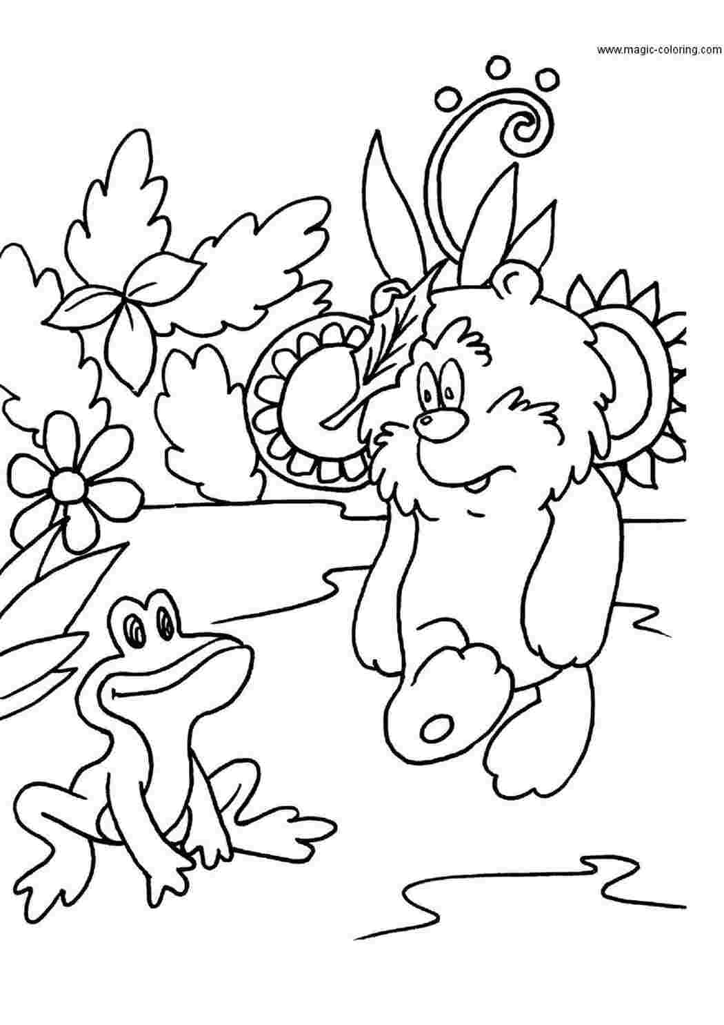 Раскраски Мишка смотрит на лягушонка, у мишки на лбу зацепился листочек Раскраски раскраски для детей по сказкам 