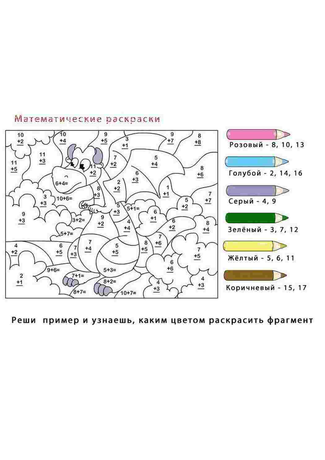Раскраски Реши примеры и раскрась картинку по номерам математические раскраски примеры, картинка, математика, дракон