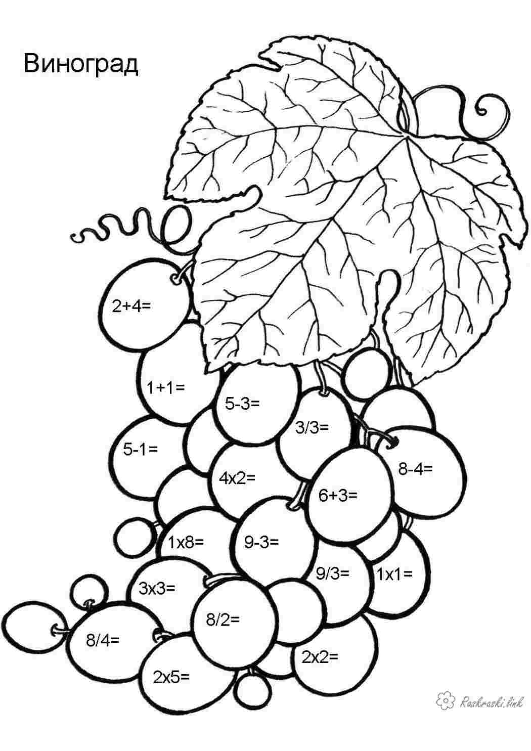 Раскраски виноград, цифры, плюс, минус, равно, раскрась Раскраски Математические раскраски  для дошкольников 