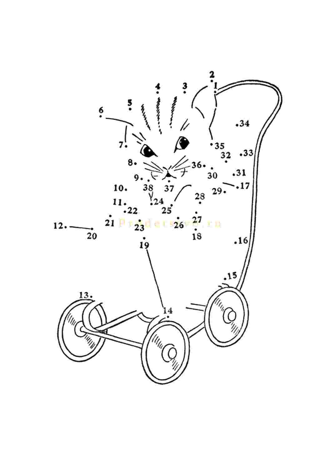 Соедини по точкам рисунок, котенок в коляске  Раскраски скачать онлайн