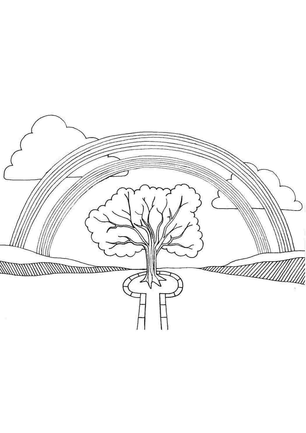Раскраски Дерево под радугой Радуга Радуга, облака