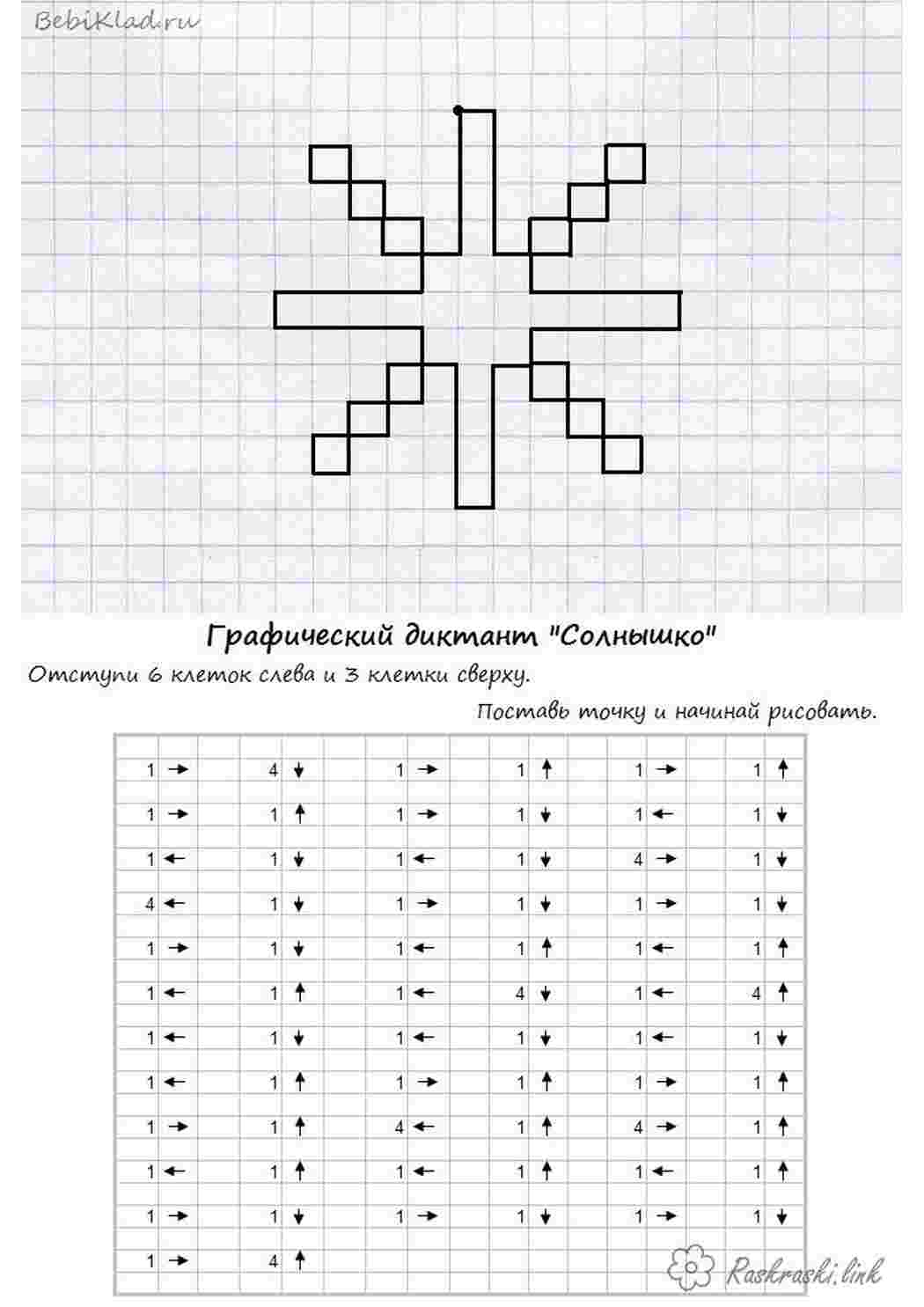 Раскраски Графический диктант , рисуем по клеточкам солнышко Раскраски Графический диктант 