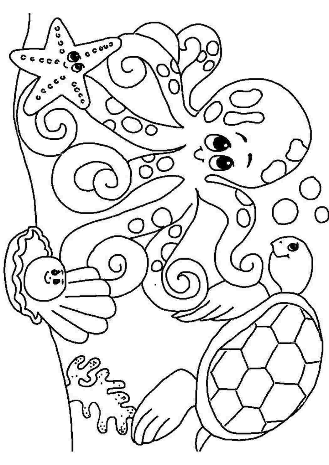 Раскраски Черепаха и осьминог морские обитатели осьминог, черепаха, звезда, ракушка