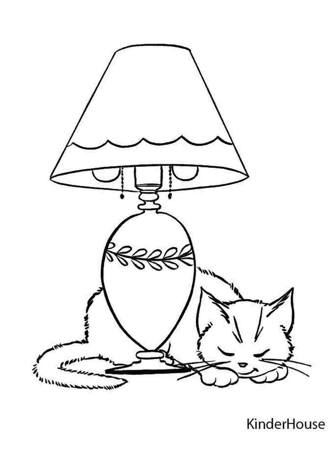Раскраски Кошечка спит у лампы Кошка животные, кошка, котенок