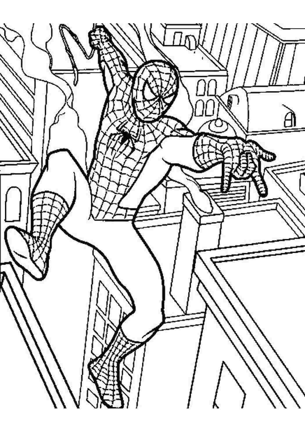 Раскраски Спайдермен над городом для мальчиков для мальчиков, спайдермен, человек паук