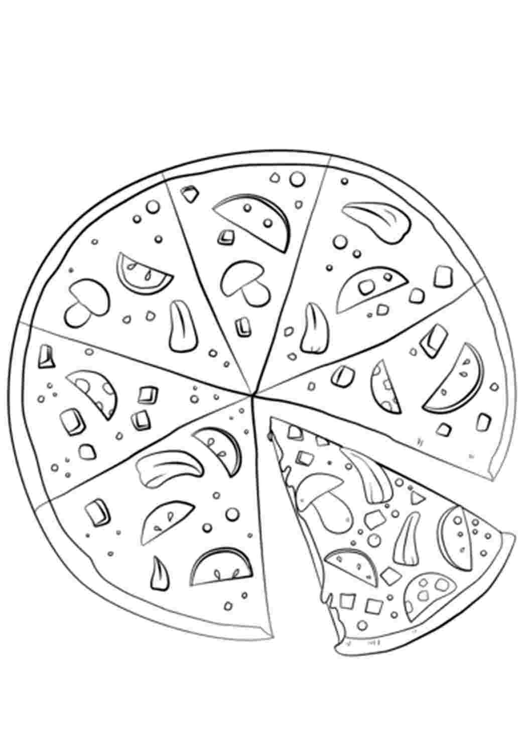 Раскраски Пицца и ее ломтики. Еда которую выпекают. Итальянская кухня изучаем еду с детьми