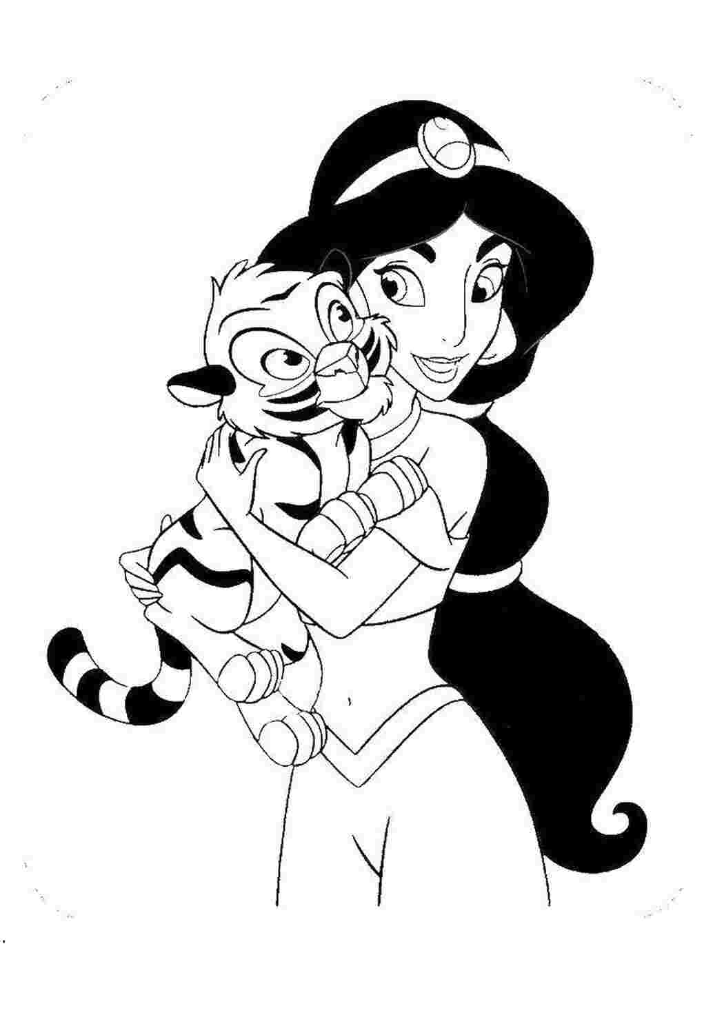 Раскраски Жасмин обнимает тигренка Диснеевские раскраски Жасмин, принцесса