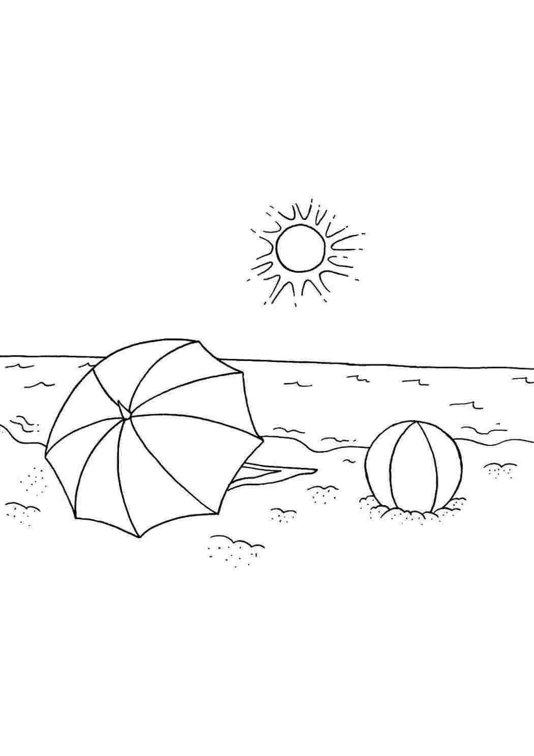 Раскраски Солнце и пляжный зонт Летние развлечения Пляж, зонт, море, закат