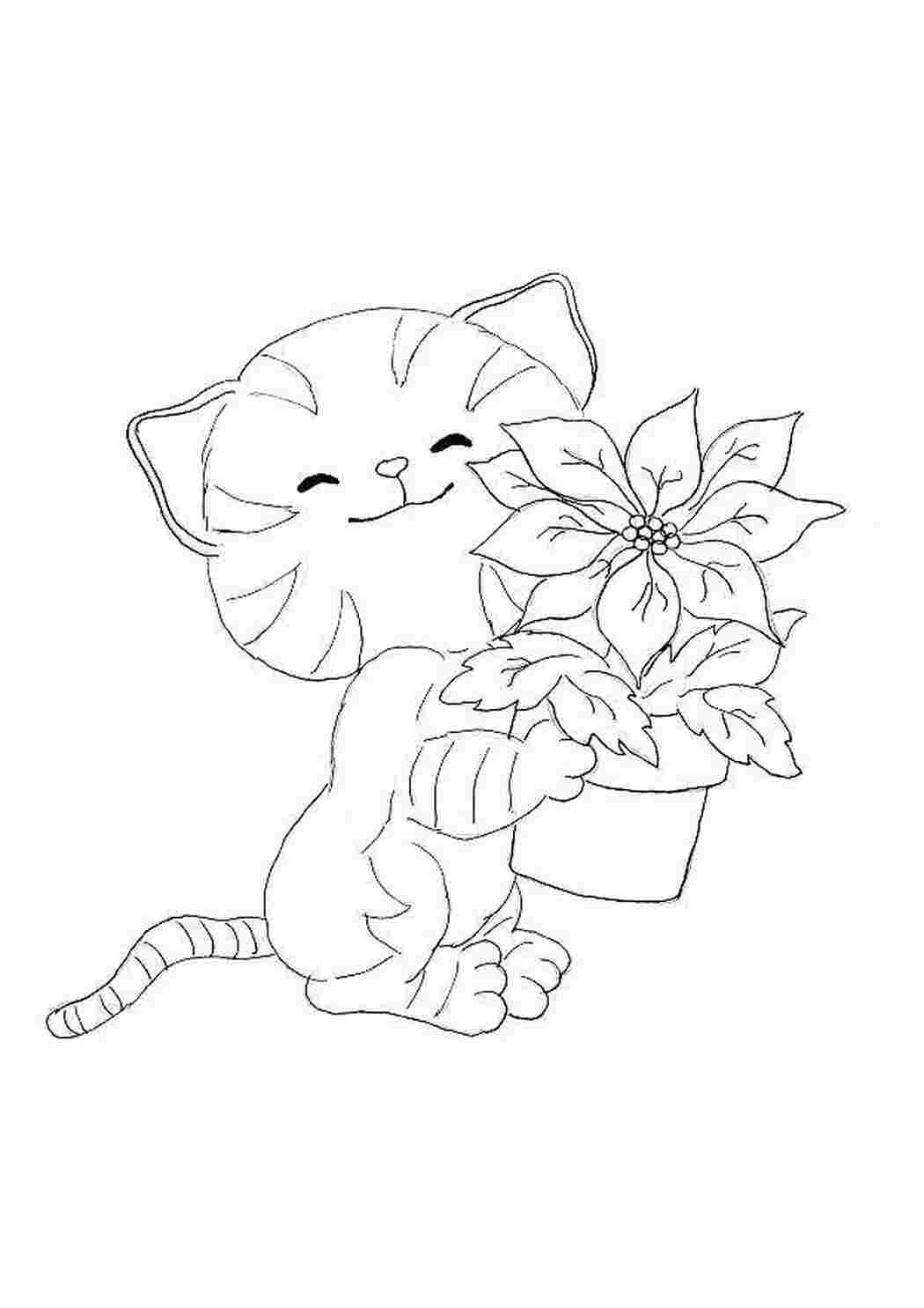 Раскраски Котёнок с цветочком котики Животные, котёнок