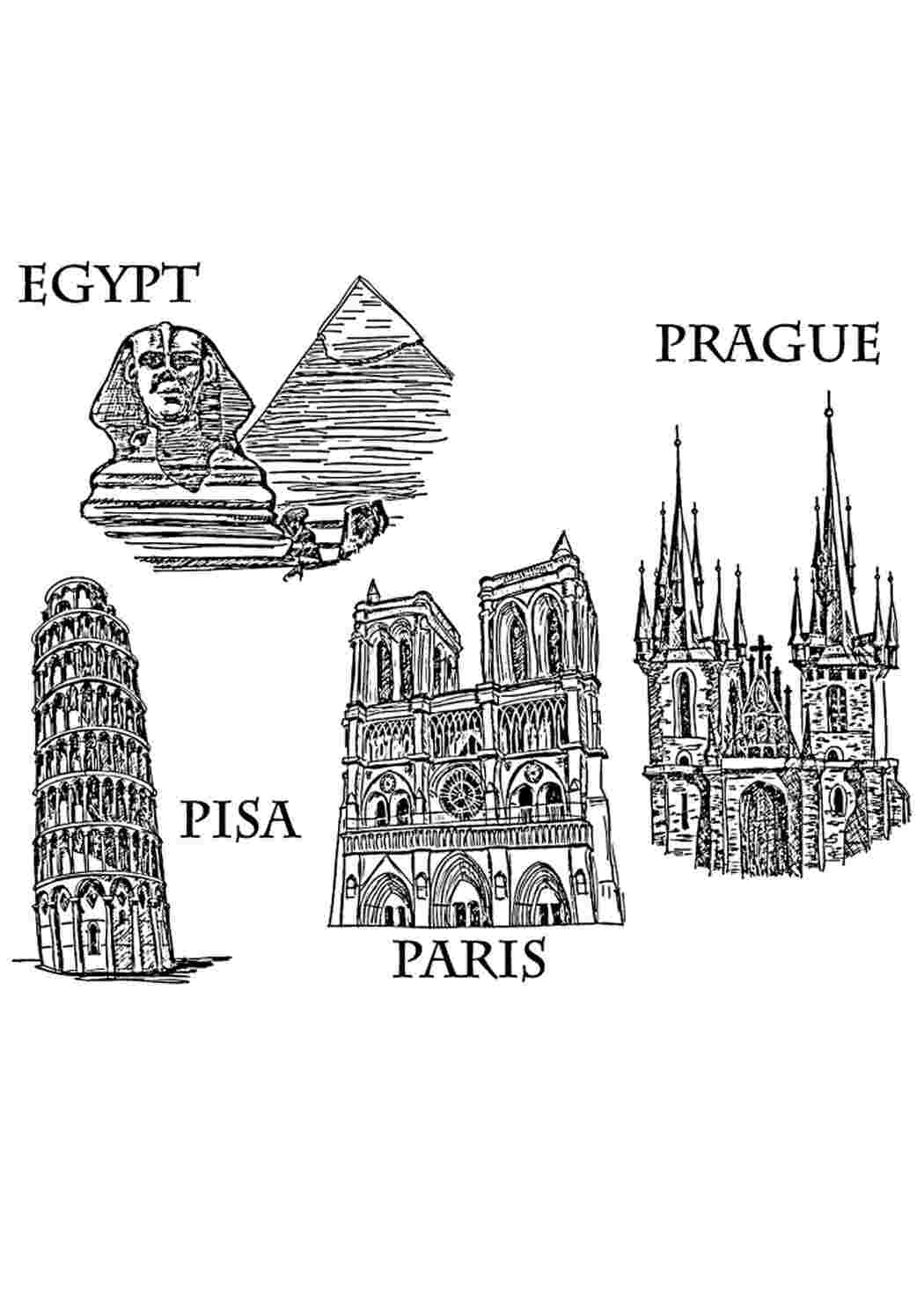 Пиза, Египет, Париж и Прага Раскраски скачать и распечатать бесплатно.