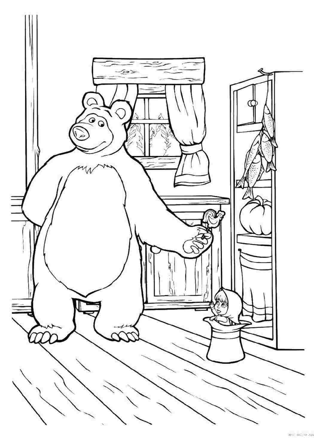 Раскраски Раскраски для детей про озорную Машу из мультфильма Маша и медведь  Медведь дает конфету маше