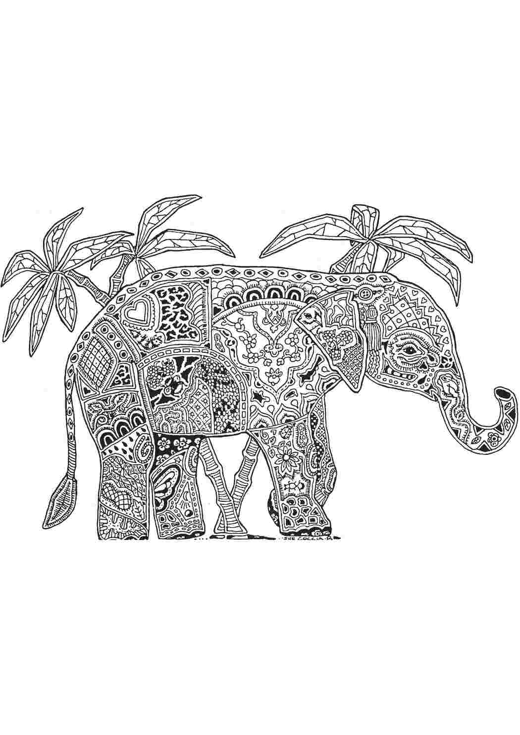 Раскраски Слон в узорах раскраски слон, узоры, пальмы