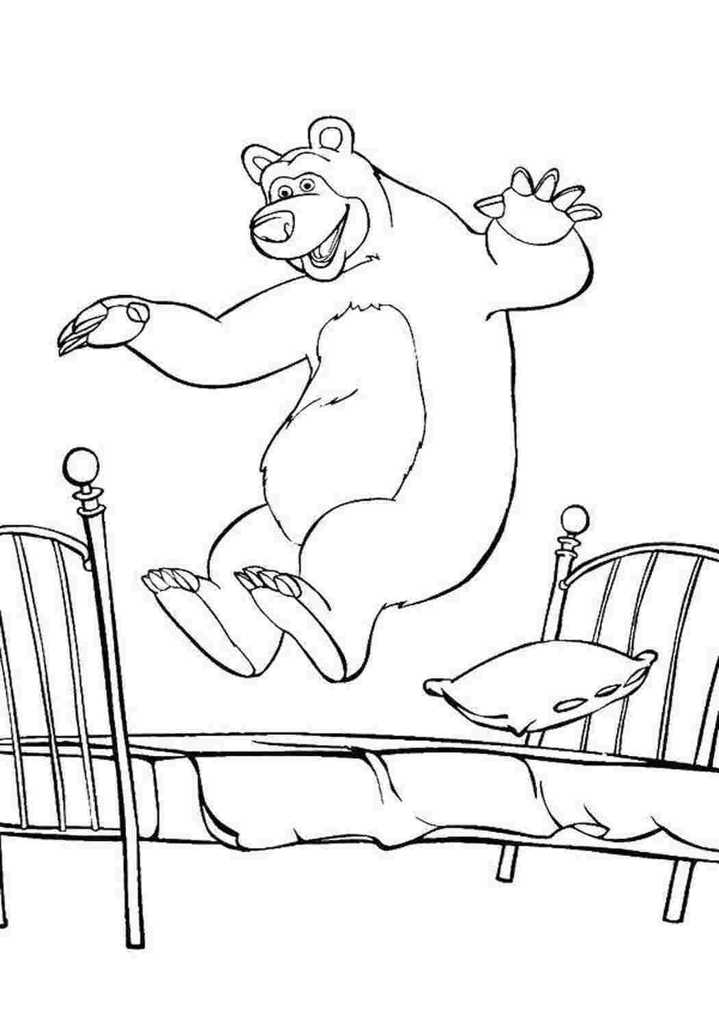 Раскраски Раскраски для детей про озорную Машу из мультфильма Маша и медведь  Миша прыгает на кровати