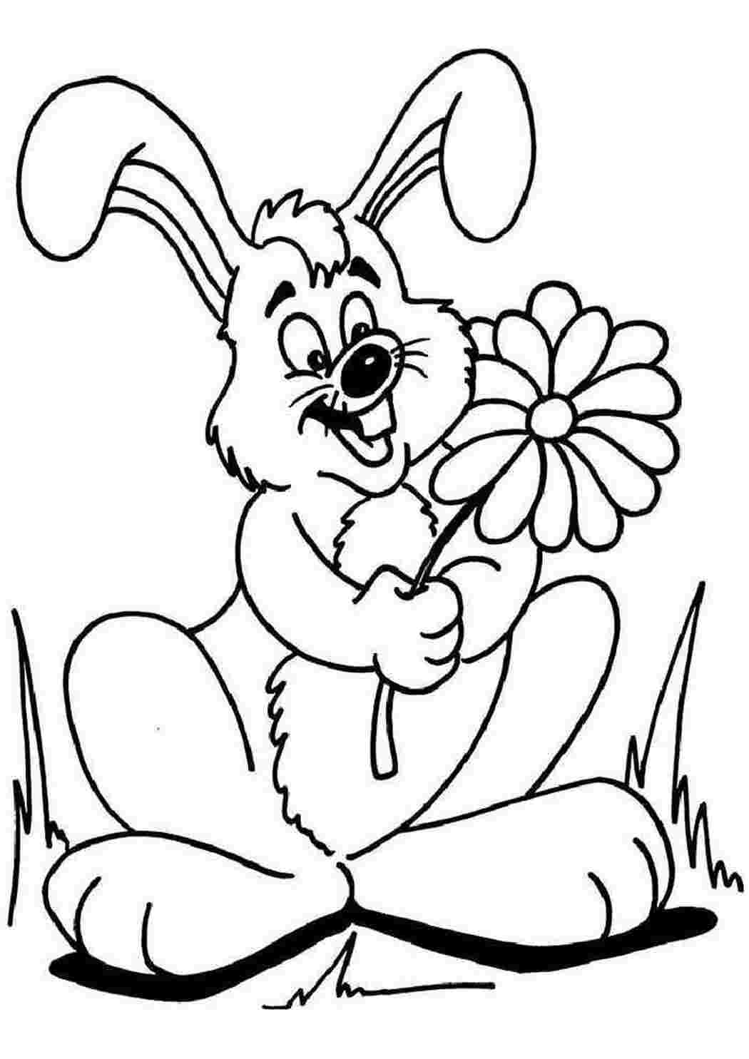 Раскраски Рисунок зайчика с цветком домашние животные заяц, кролик