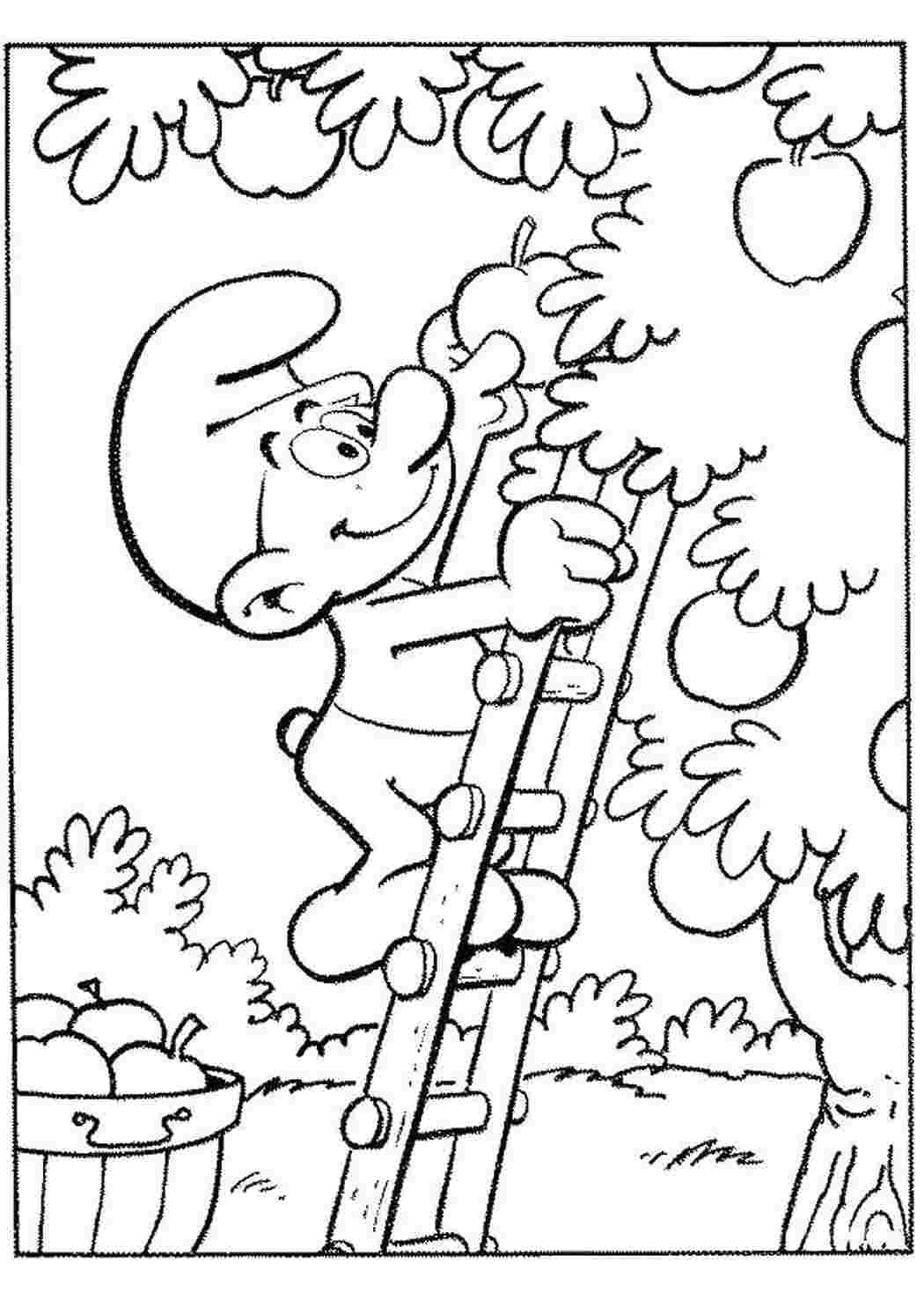 Раскраски Смурфик собирает яблоки смурфики Персонаж из мультфильма, Смурфики, веселье