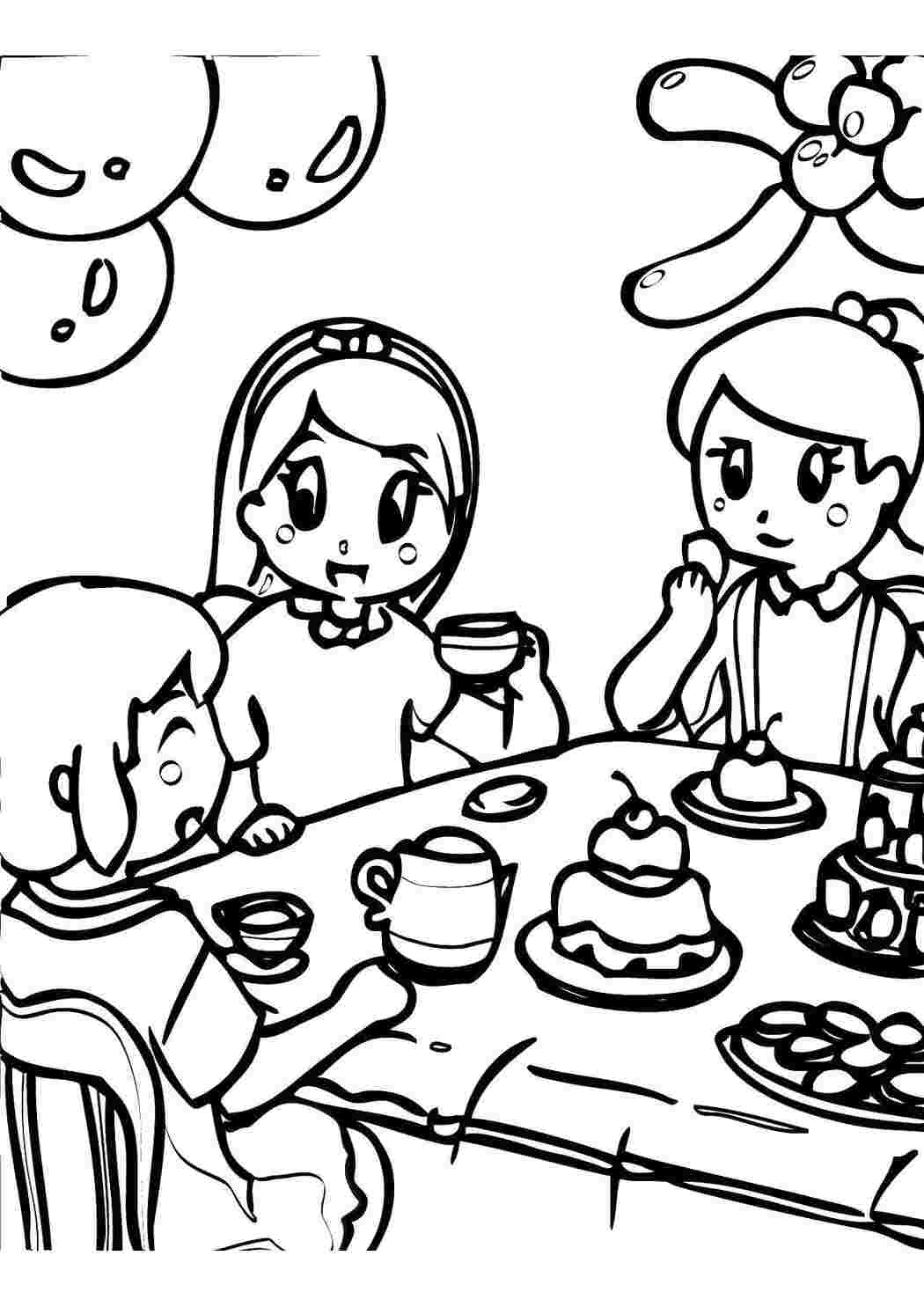 Раскраски Девочки и накрытый стол день рождения дети, стол, торт, шарики