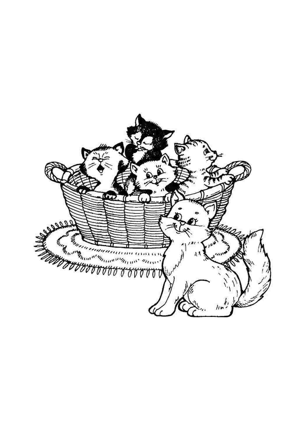 Раскраски Котята в корзинке Коты и котята животные, кошка, котенок