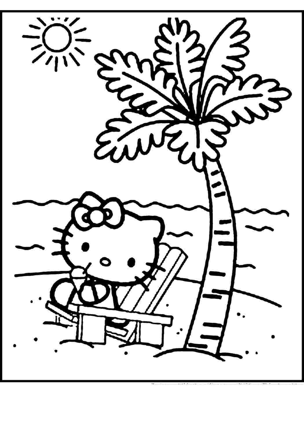Раскраски Китти кушает мороженое на пляже Хэллоу Китти Китти, пляж