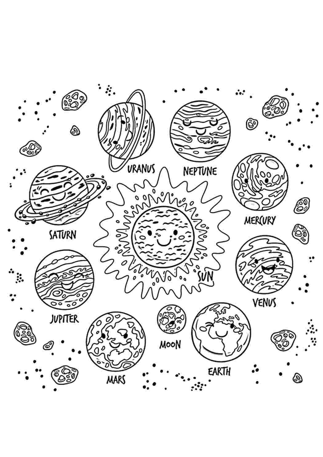 Планеты крутятся вокруг весёлого солнца Раскраски скачать и распечатать бесплатно.