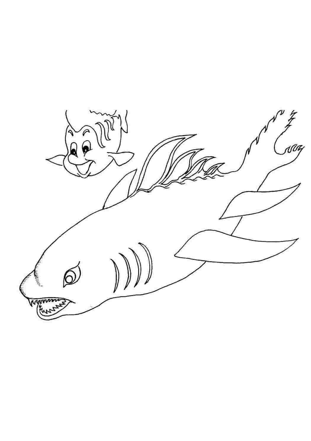 Раскраски Ариэль и рыбка флаундер убегают от акулы Диснеевские мультфильмы Ариэль, русалка