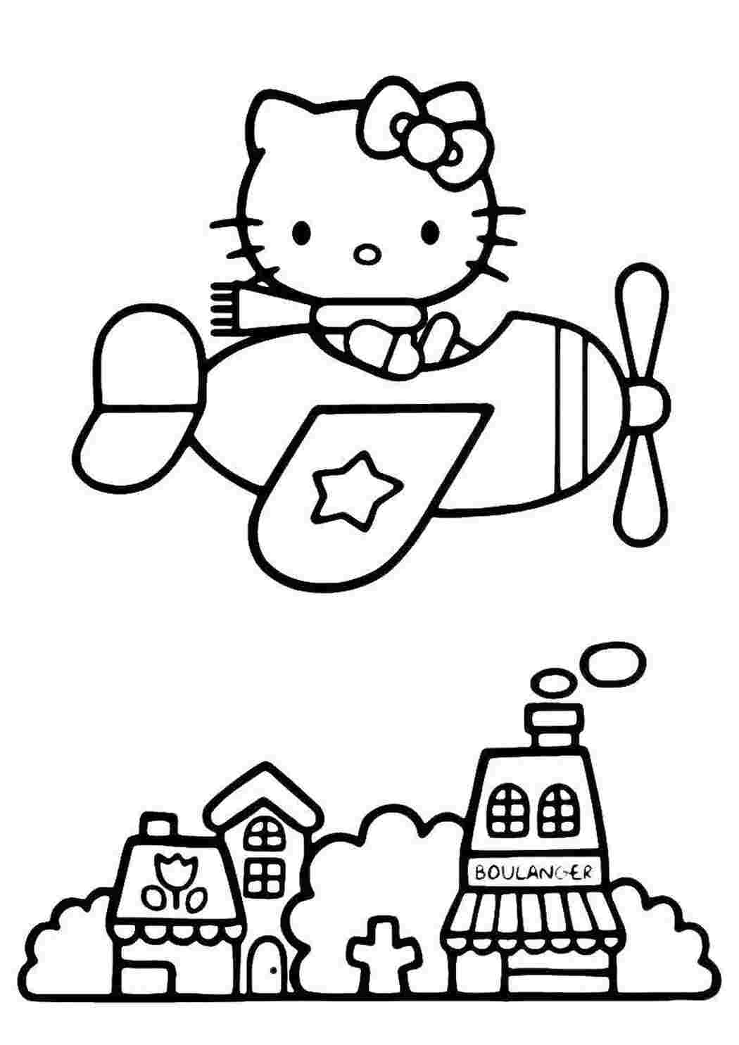 Раскраска Китти летает на самолете