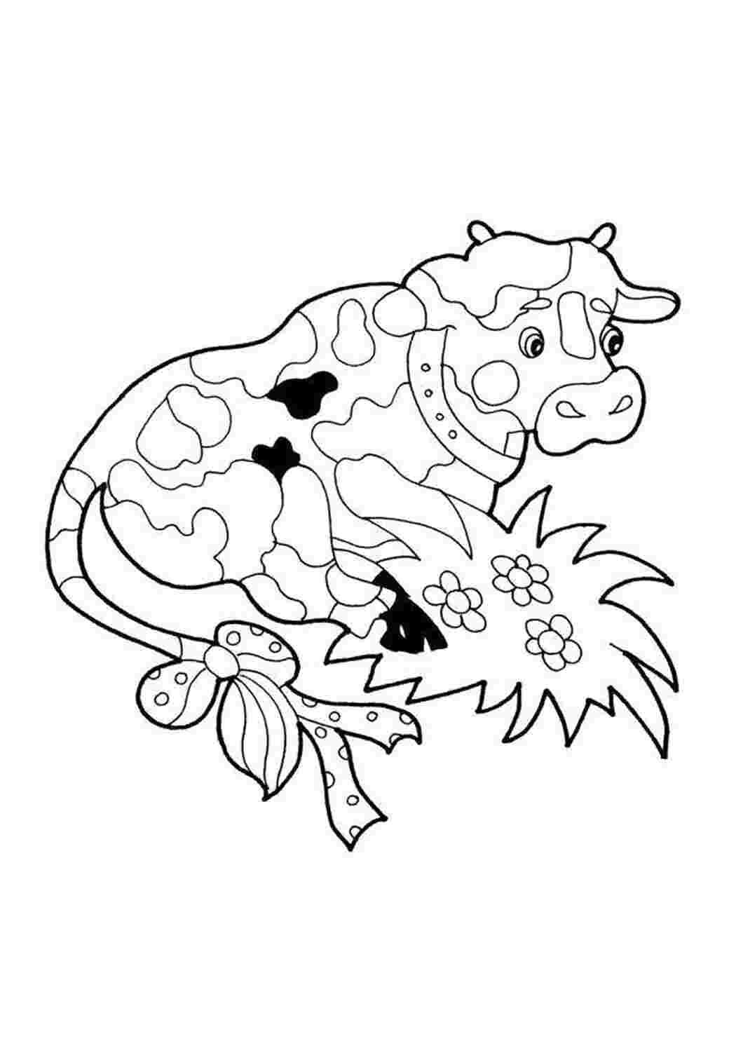 Раскраска пятнистая корова лежит на траве
