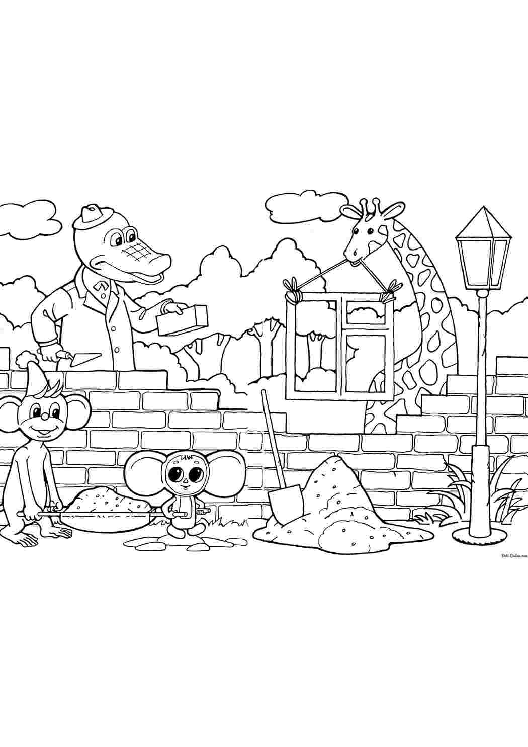 Раскраска чебурашка на стройке