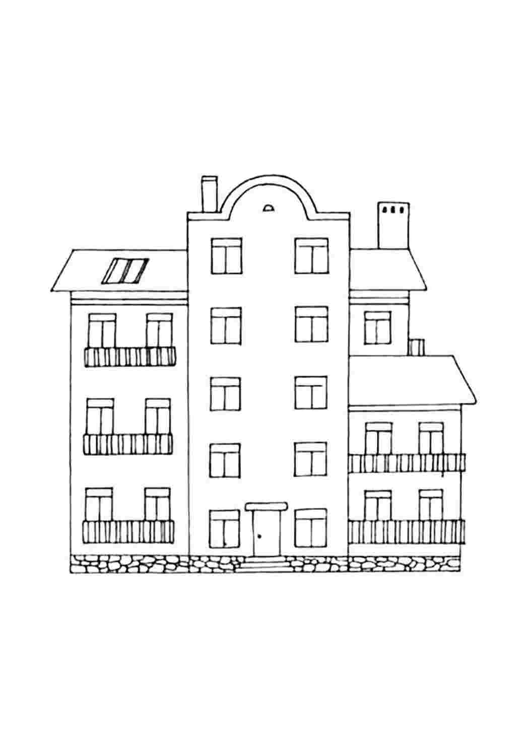 Раскраска жилой дом, высокий дом, трехэтжный дом