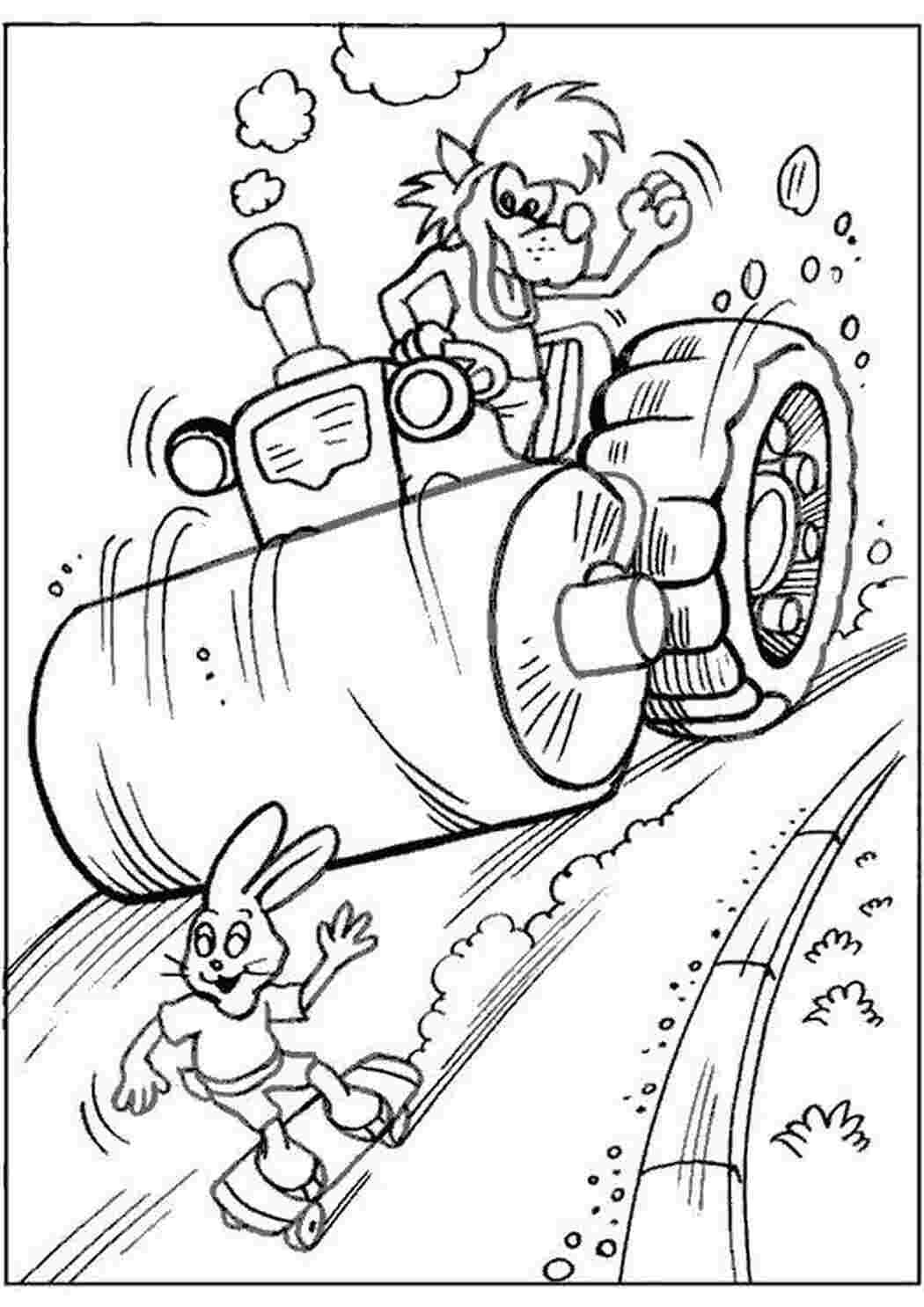 Раскраска Волк на катке гонится за зайцем