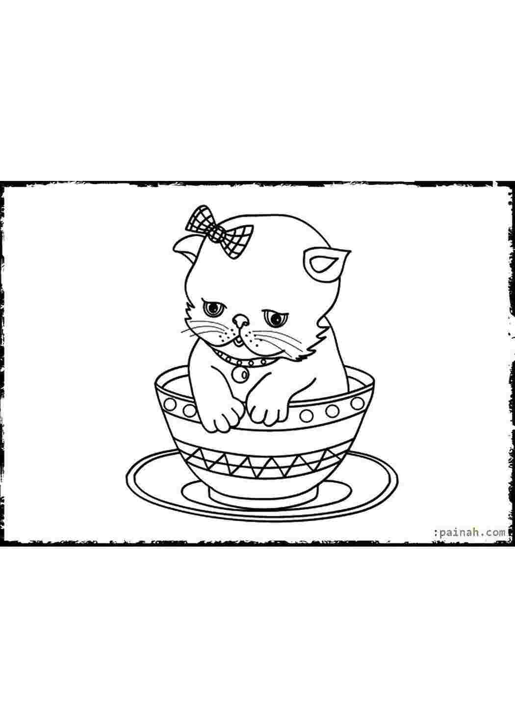 Раскраска котик в кружке