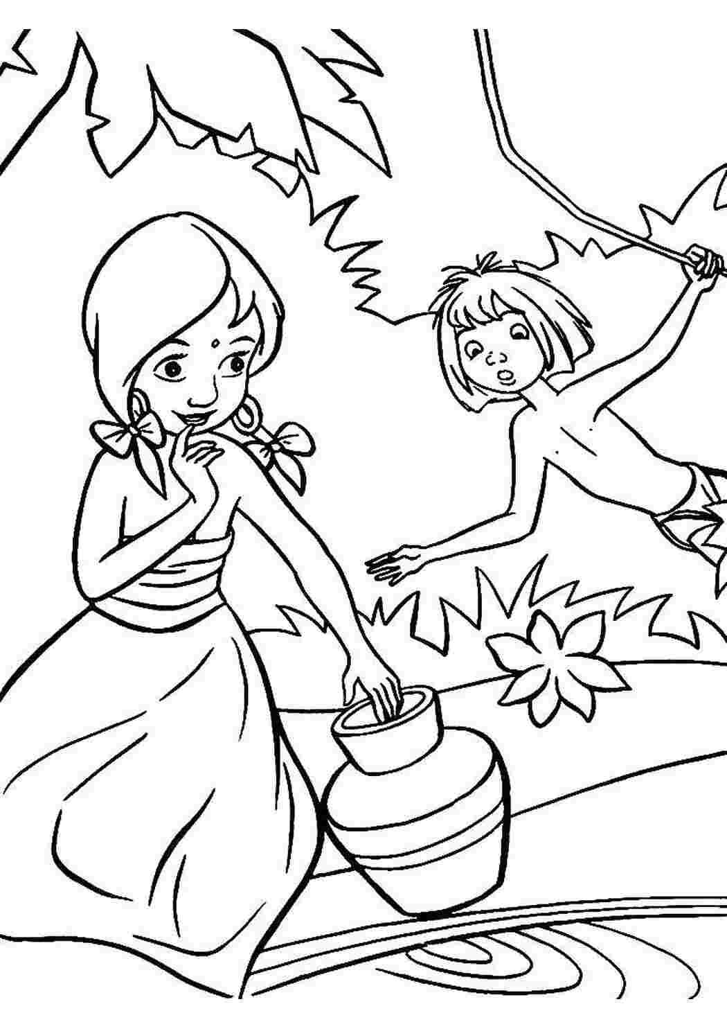 Раскраска Маугли увидел девочку