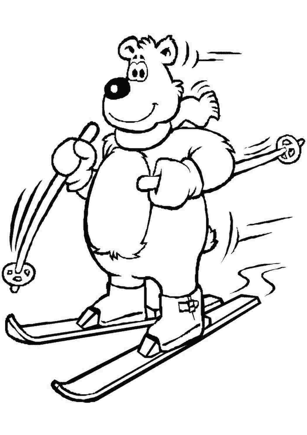 Мишка на лыжах раскраска