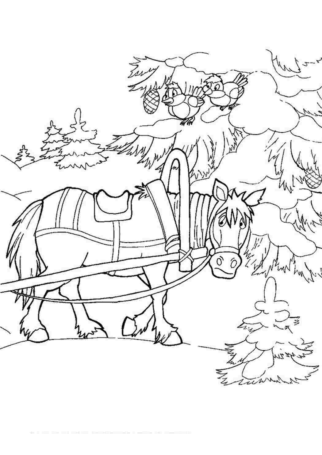 Лошадка в лесу раскраска