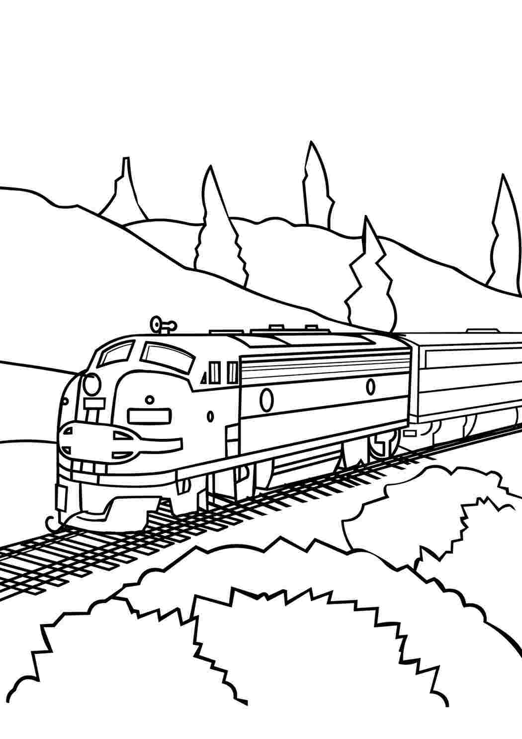 Раскраски, Поезд едет через лес Распечатать раскраски для мальчиков. Поезд,  вагон машиниста Распечатать раскраски для мальчиков. Веселый поезд едет по  рельсам мимо домов и деревьев, цветы Распечатать раскраски для мальчиков.  Нарисованный поезд