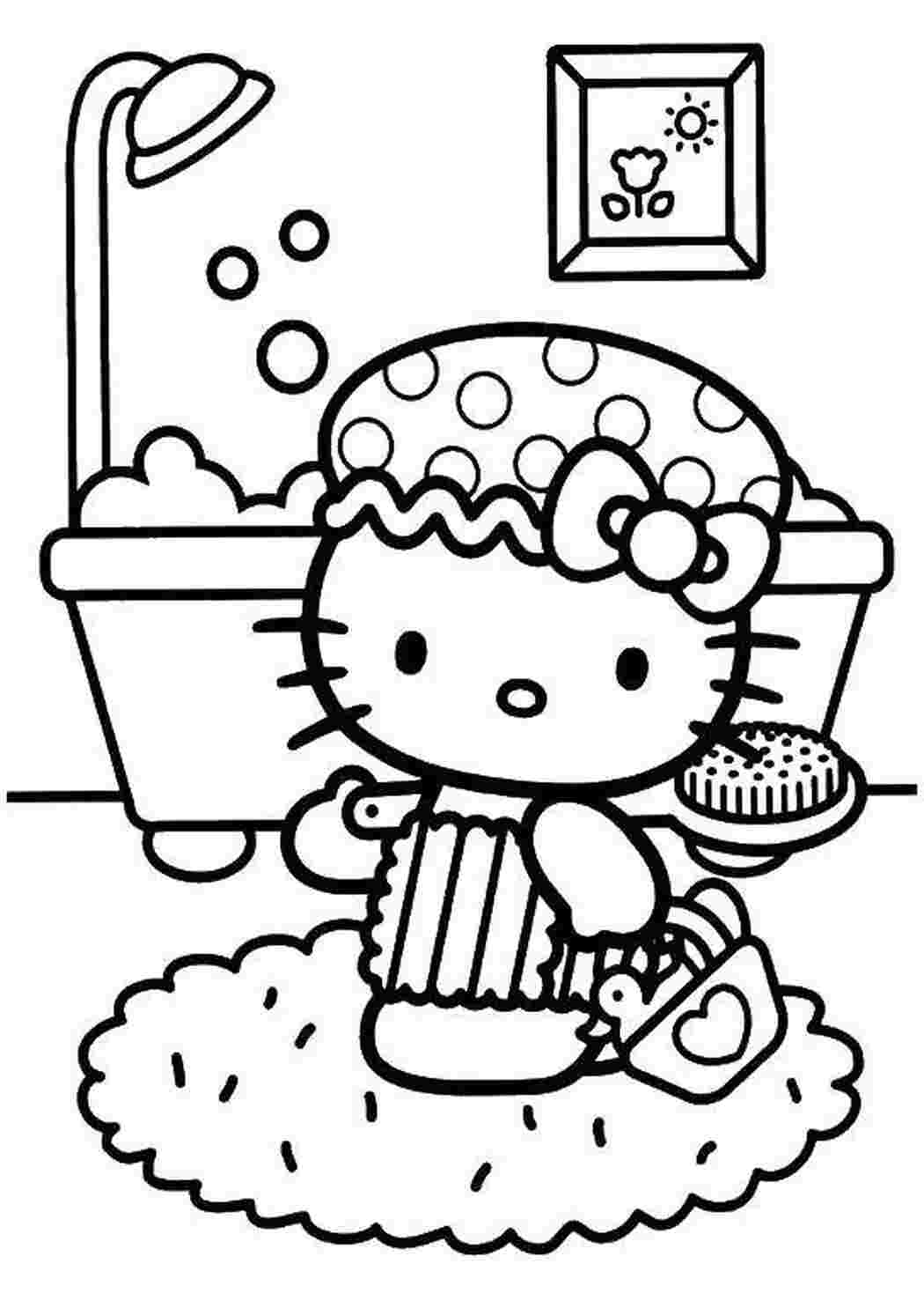 Раскраска Китти идет купатся