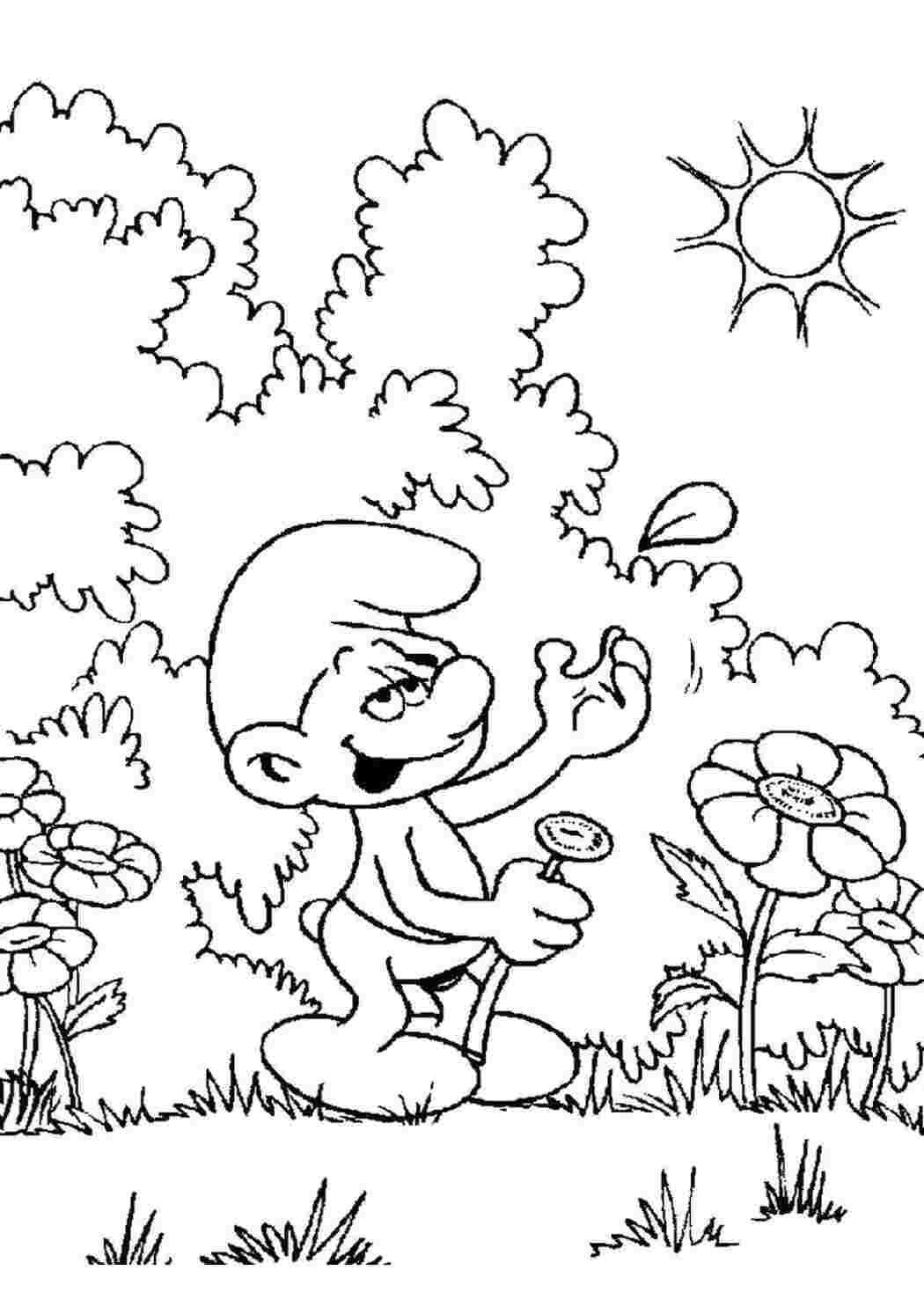 Раскраска Смурфик на лугу