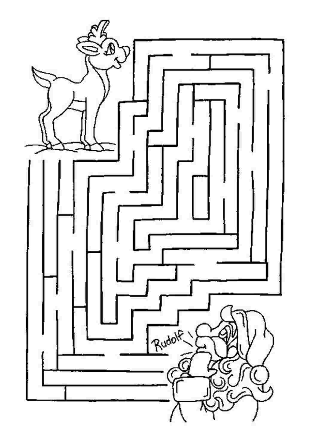 Раскраска лабиринт, помоги олененку добраться до санты