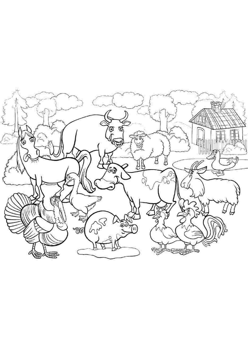 Раскраска Множество зверей на ферме