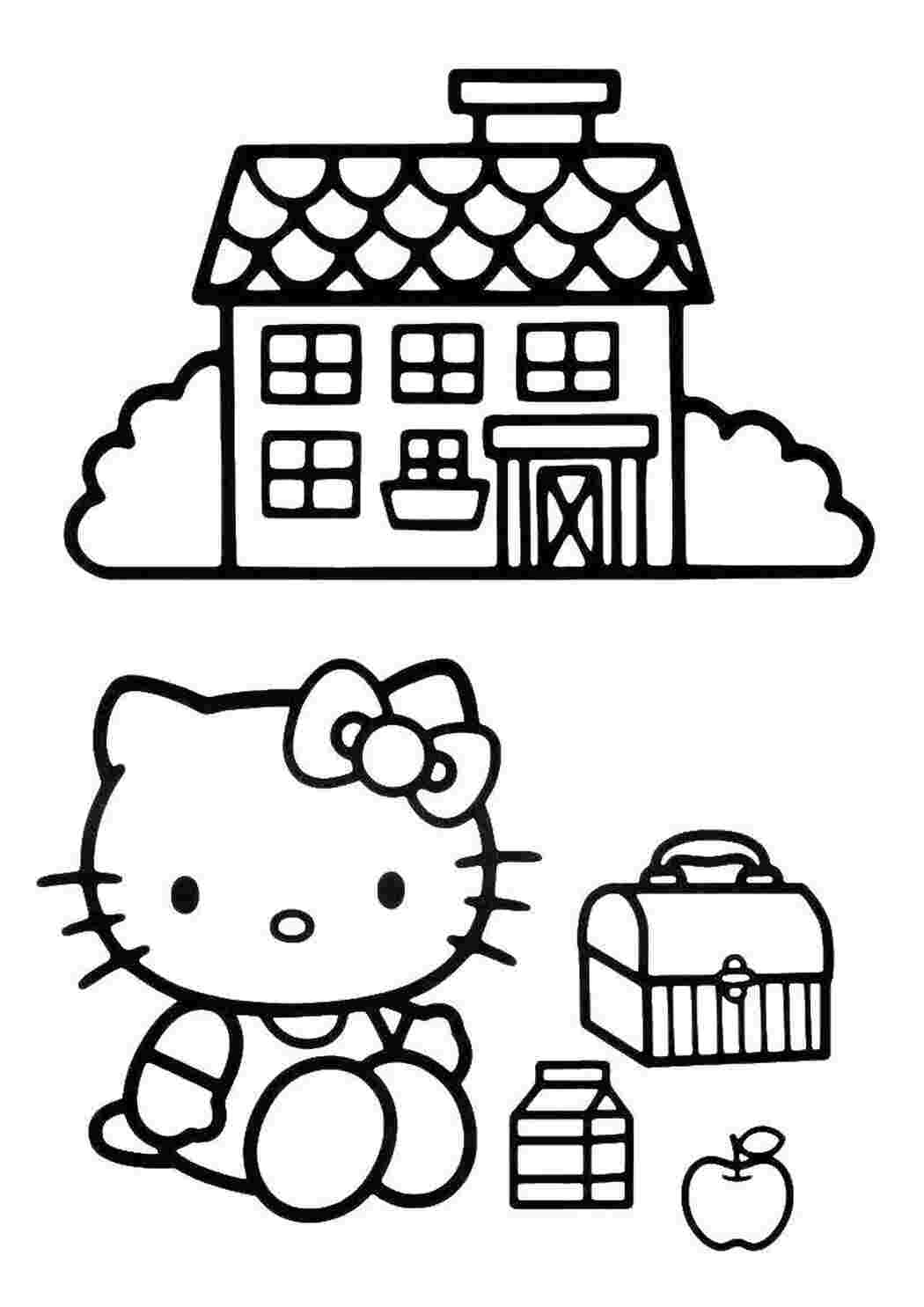 Раскраска Китти завтракает перед домом