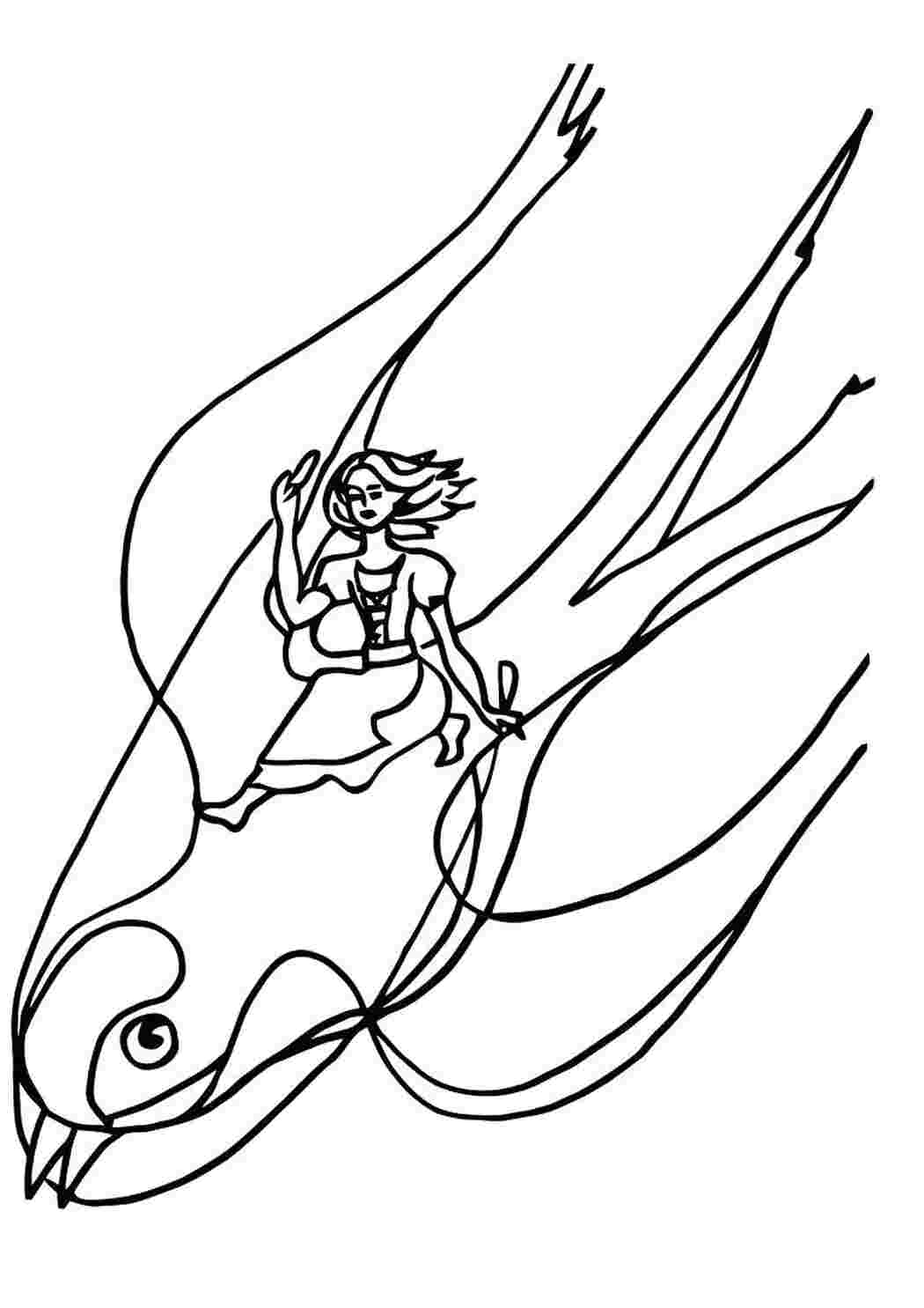 Раскраска Дюймовочка улетает на ласточке