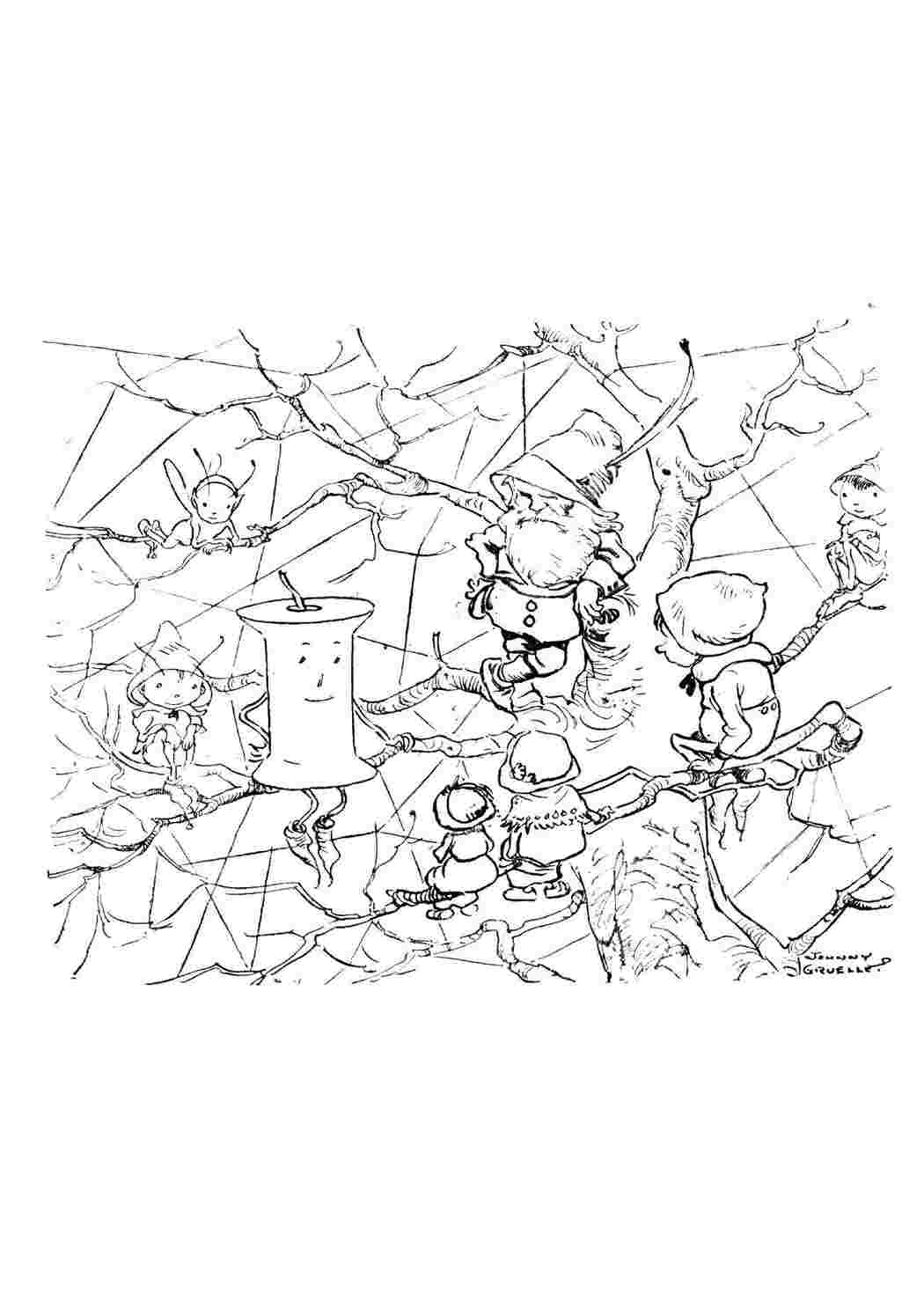 Раскраска Эльфы сидят на дереве