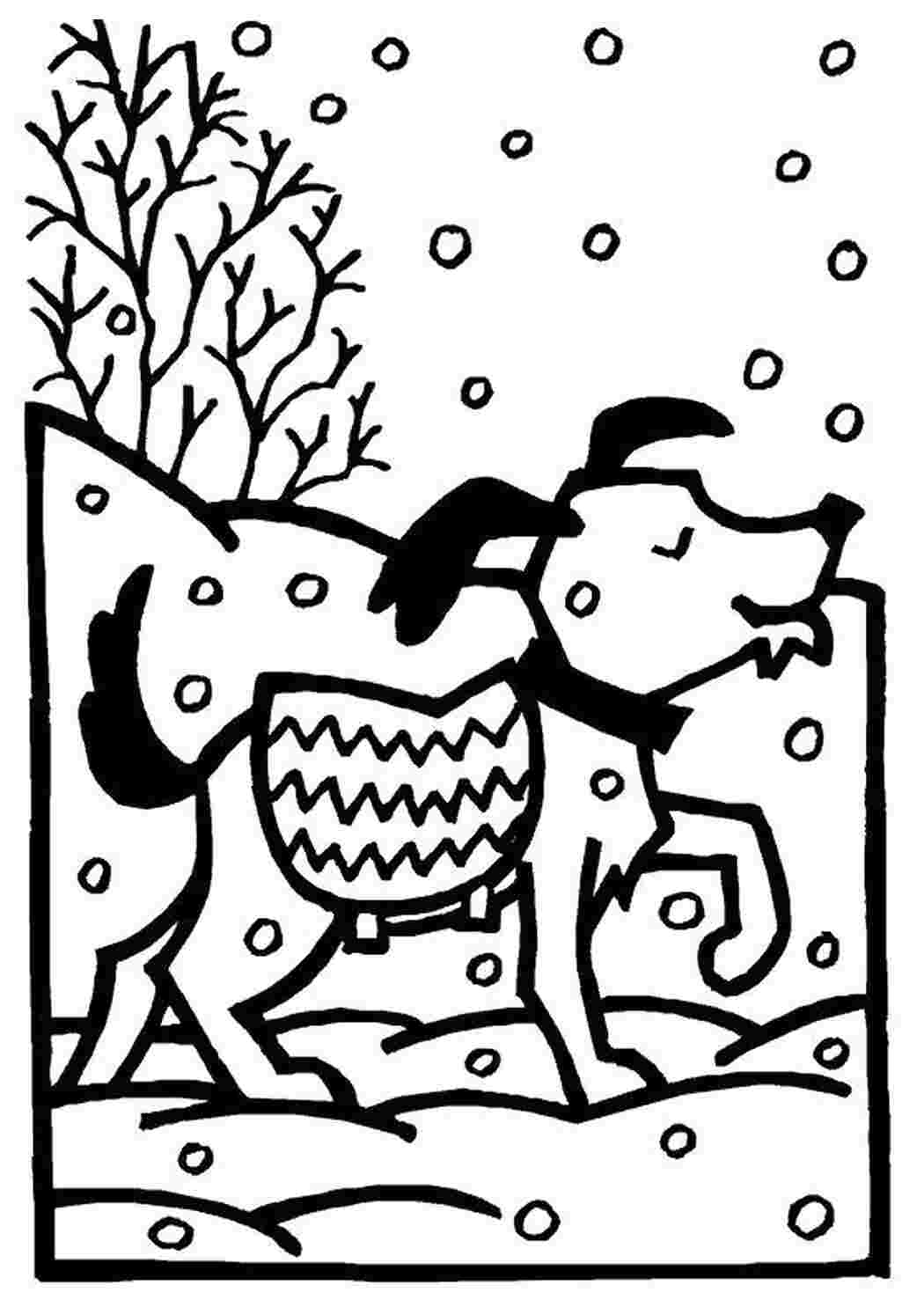 Раскраска щенок и снег