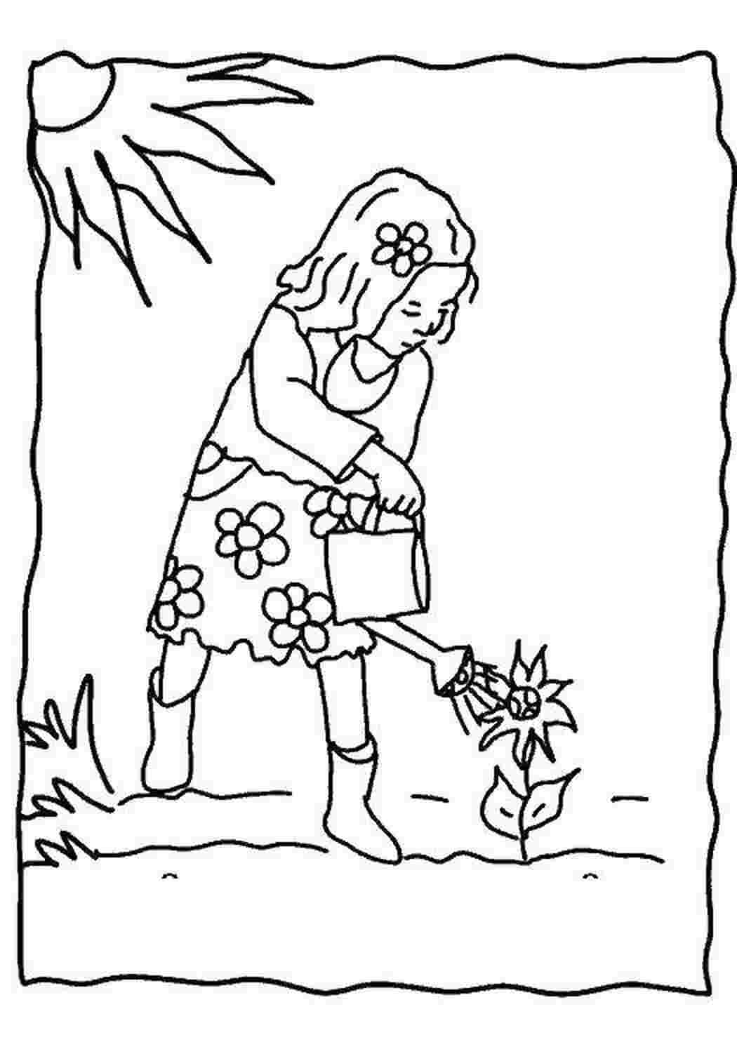 Девочка поливает цветы раскраска для детей
