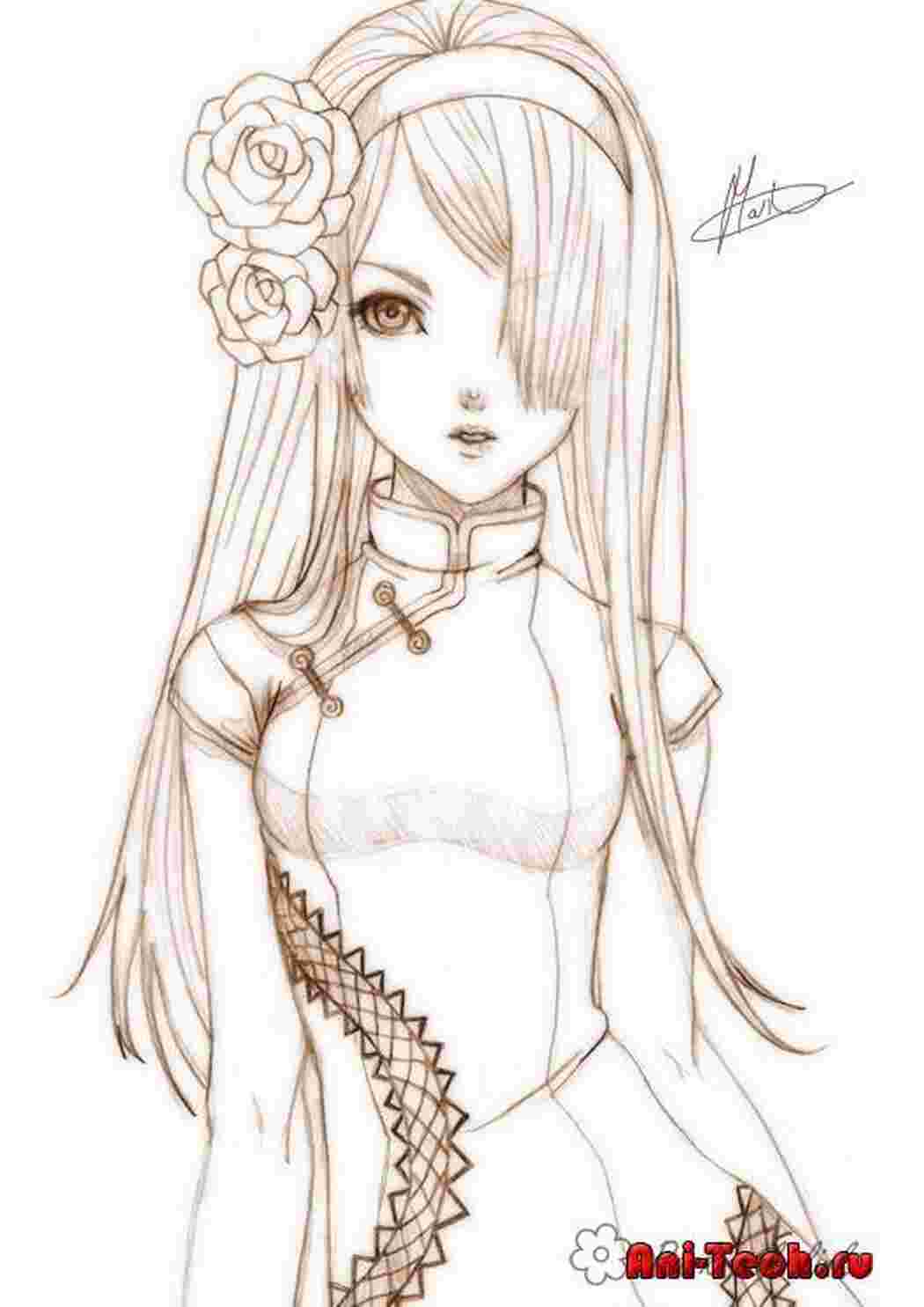 Рисунки аниме девушек с длинными волосами карандашом
