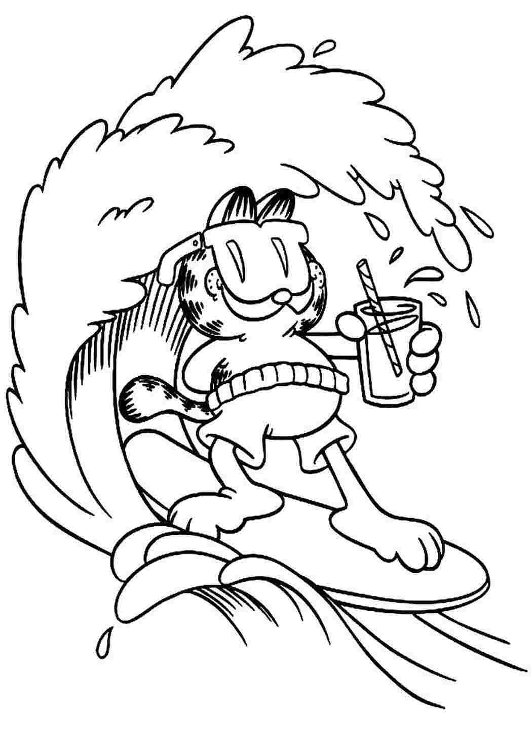 Раскраска Гарфилд на серфе