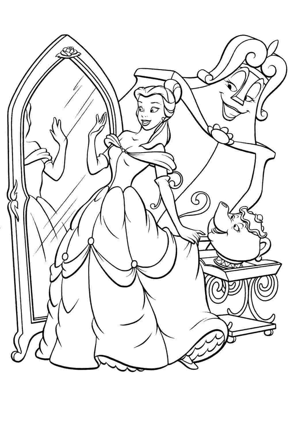 Раскраска Белль крутится перед зеркалом 